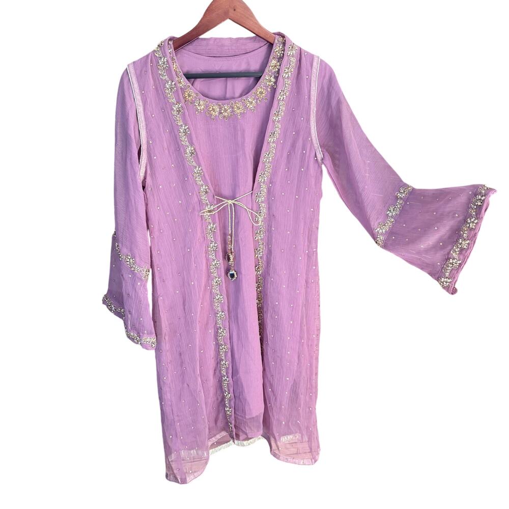 India lavender organza Anarkali kurta tunic vest set intricate embroidery lace
